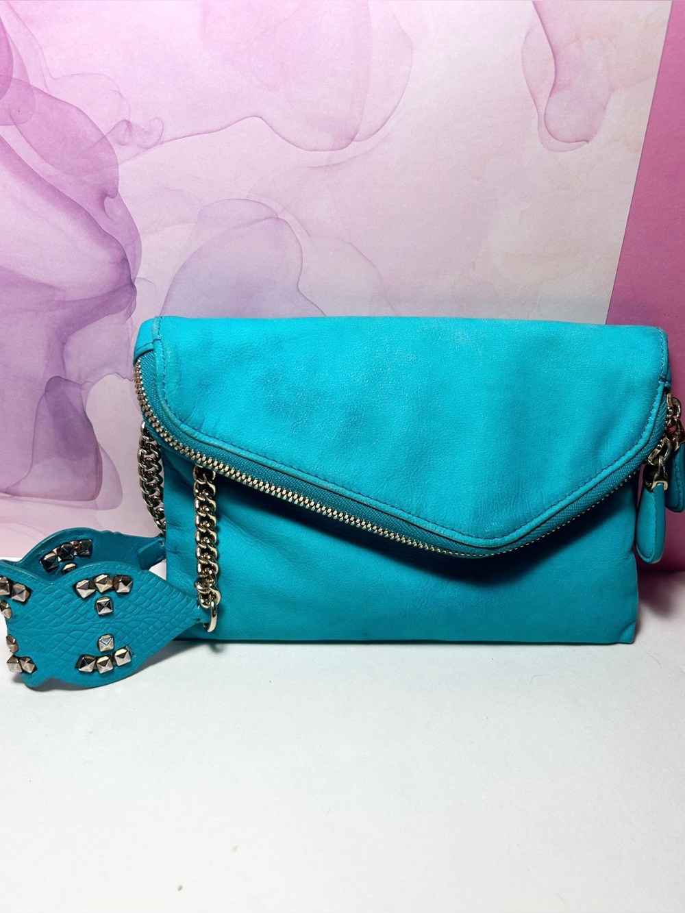 Henri Bendel Turquoise/Aqua Suede Fold Over Clutch Wristlet